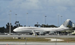 A Qatari Boeing 747 sits on the tarmac of Palm Beach International airport after U.S. President Donald Trump toured the aircraft on February 15, 2025. The Pentagon later accepted the jet to use as an Air Force One.